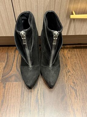 Proenza Schouler Black Suede Pointed Ankle Booties with Front Silver Zipper